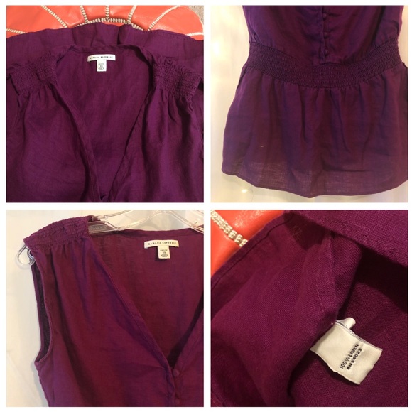 Purple 100% Linen Smocked Waist Blouse Career Top - Picture 2 of 8